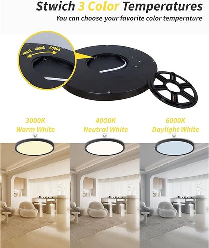 Led Flush Mount Ceiling Light,12 Inch 24w 2520lm Round,3000k,4000k,6000k CCT Selectable,Flat Panel Super Slim Led Ceiling Light Fixture,for Living Dining Kitchen Bedroom Room (12Pack-Black)