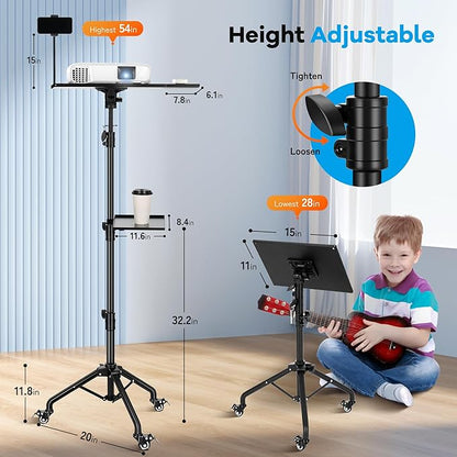 CAHAYA Projector Tripod Stand with Casters: Projector Stand 28-54in Height Adjustable Multifunctional Universal Laptop Stand DJ Rack Stand with Adjustable Height for Meeting Room DJ Equipment