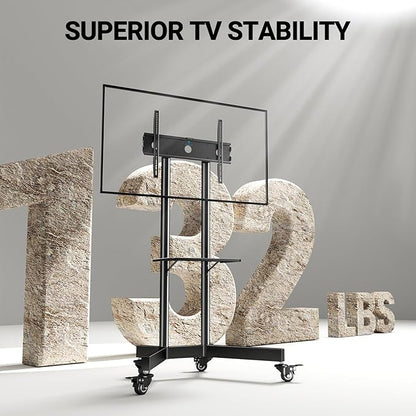 PERLESMITH Rolling TV Stand with Lockable Wheels for 32-85 Inch TVs Holds up to 132 Lbs, Height Adjustable Mobile TV Stand on Wheels with Laptop Shelf, Rolling Tv Cart Max VESA 600x400mm PSTVMC01