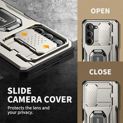 TONGATE for Z Fold 5 Case with Ring Stand, Built-in S Pen Holder & Glass Screen Protector Shockproof Rugged Z5 Phone Case with Slide Camera Cover & Belt Clip for Samsung Galaxy Z Fold 5 2023, Gray
