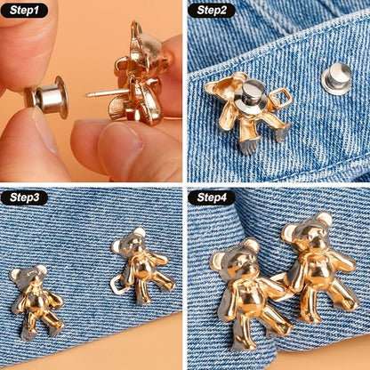 TOOVREN Cute Bear Button Pins for Loose Jeans - No Sew, No Tools Instant Pant Waist Tightener, 4 Sets Jeans Button Replacement Pant Clips for Waist Buckle
