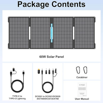 E-POWO 60W Portable Solar Panels Chargers with USB-C, USB-A and DC Outputs Foldable IP67 Waterproof Solar Panel for Camping,Power Emergency for Small Power Station,Phones, Power Banks