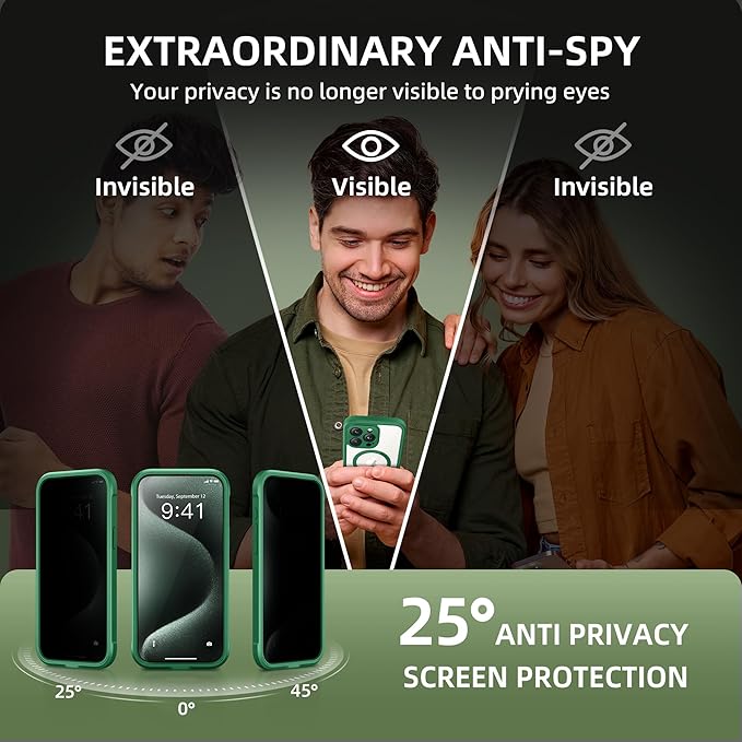 Magnetic for iPhone 15 Pro Max Case, Compatible with MagSafe, Built-in Privacy Screen Protector and Camera Protection, Anti Spy Full Body Dustproof Shockproof Hard Phone Case 6.7", Green