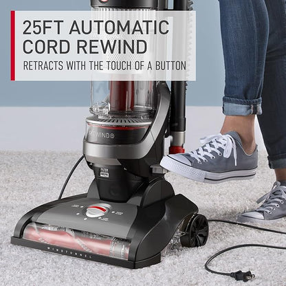 Hoover WindTunnel Whole House Rewind Bagless Vacuum Cleaner, Corded Upright Vac, HEPA Media Filtration, Automatic Cord Rewind, Corded Vacuum Cleaners for Home Use