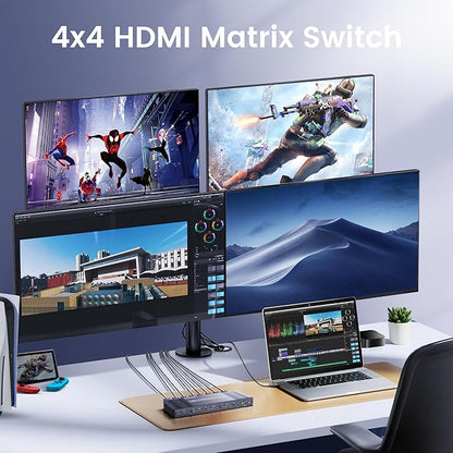 4x4 HDMI Matrix Switch 4K 30Hz, 4 in 4 Out HDMI Switch with Remote Supports HDR, 3D, HDMI 1.4, HDCP 1.4, Downscaler 4K & 1080P, 4 Way HDMI Splitter Switch for Fire TV Stick, Xbos, PS4/5