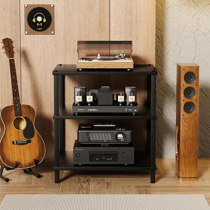 LELELINKY 3-Tier AV Media Player Stand Set of 2, Black Stereo Cabinet, Wooden TV Stand,Game Console Shelf, Multifunctional Entertainment Center, Suitable for Home, Conference Room, Game Studio