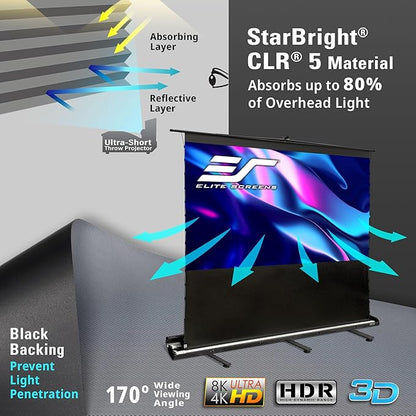 Elite Screens ezCinema Tab-Tension CLR 5, 123-inch Portable Floor-Rising UST Projector Screen, 16:9 ALR Ceiling Light Rejecting Tab-Tension Scissor-Backed Manual Pull-Up+Carry Bag, Black- FT123UH-CLR5