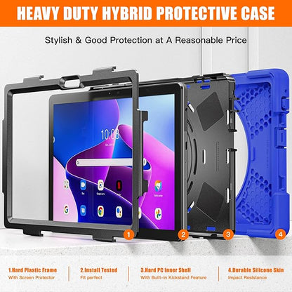 Junfire Shockproof Case for Lenovo Tab M10 3rd Gen 10.1 inch 2022, Heavy Duty Rugged Case with Hand Strap/360°Rotating Kickstand/Shoulder Belt for TB-326FU/TB-328XU,Blue