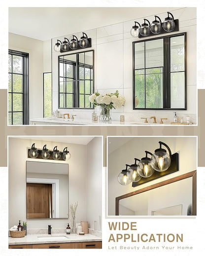 Beionxii 4-Light Bathroom Light Fixtures, Black Bathroom Vanity Light with Clear Glass Shade, Modern Vanity Lighting Fixtures Over Mirror Living Room Hallway, BX-VL03MB-4CG