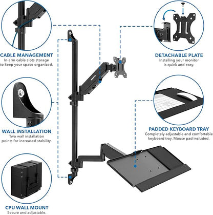 Mount-It! Wall Mount Workstation with Single Monitor Mount, Keyboard Tray and CPU Holder, Height Adjustable Full Motion Arms, Fits One 32 Inch Computer Screens