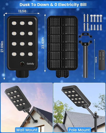 Gefolly G-13000W Solar Street Light Outdoor, Wide Angle Commercial Parking Lot Light Dusk to Dawn 6500K IP67 Flood Security with Motion Sensor Lamp for Yard, Basketball Court