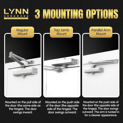 LYNN HARDWARE Heavy Duty Automatic Door Closer (Gold) - Commercial Grade, Contractors Choice, Adjustable Speed & Force, Delayed Closing Timer, 3 Mounting Options, 3 Hour Fire Rated (DC8016 Model)