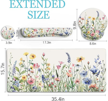 LIMKRIAN Flower Mouse Pad Set Large Desk Matt for Desktop, Ergonomic Mouse Pad with Wrist Rest, Gaming Wrist Support Keyboard Mat Cup Coaster Set Cute Office Desk Decor Accessories