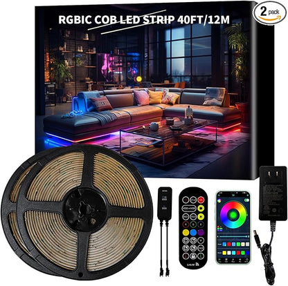 BUNACET 40ft COB RGB+IC LED Strip Lights, Bright Dream Color COB LED Light Strip with RF Remote App Control Music Sync Color Changing for Game Room Bedroom Kitchen Lighting Home Decor（2 Rolls）