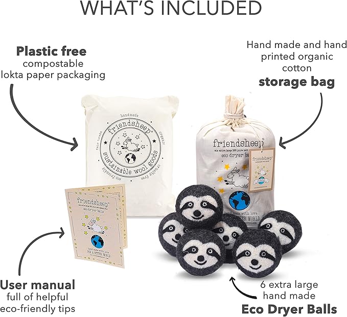 Friendsheep Wool Dryer Balls, Organic Reusable Fabric Softener Alternative for Laundry, Handmade, Fair Trade, Hypoallergenic, Eco-Friendly, Plastic-Free (6 Pack XL – Gray Sloth - Sloth Squad)