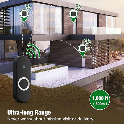 AIDA Lighted Wireless Doorbell for Home, Waterproof Battery Doorbell 1,000ft Range, 5 Volume Levels with 58 Doorbell Chimes & LED Flash (Black, Doorbell with 2 transmitters & 1 Receiver)