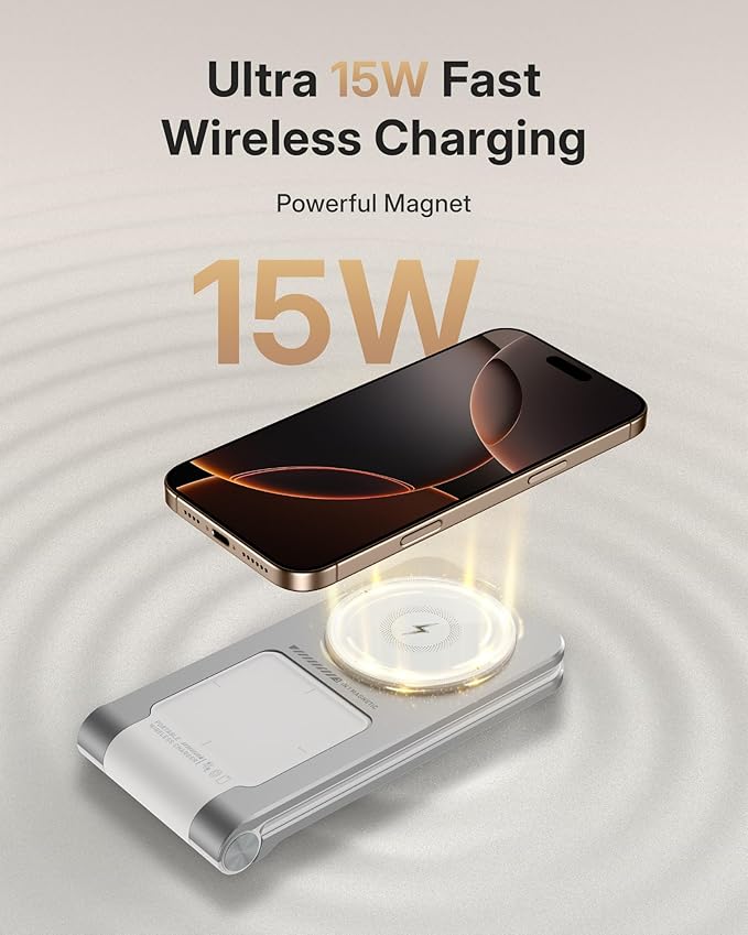 Wireless Mag-Safe Charger Stand for iPhone 16 Pro Max, 3 in 1 Charging Station for Multiple Devices, Metal Foldable Travel Charger for Apple Watch & AirPods, Built-in Retractable USB-C Cable, White