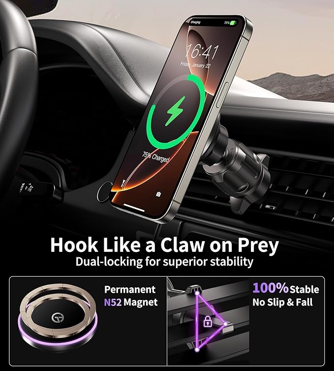for MagSafe Car Mount Charger Dash Vent Windshield Wireless Car Charger with LED Light, Strong Magnetic Phone Holder for Car for iPhone 16 15 14 13 12 Series, Fit MagSafe Accessories (Purple)