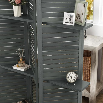 HOMCOM Room Divider, 5 Panel 67" Tall Wood Privacy Screen with 3 Display Shelves, and Folding Storage for Bedroom or Home Office, Gray