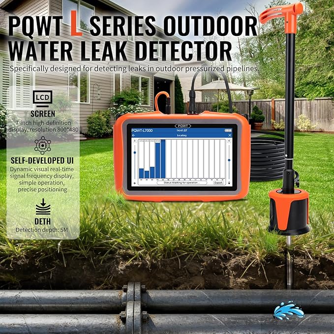 PQWT L7000 Underground Water Leak Detectors Indoor Outdoor Wall Water Pipe Detector Machine Multi Sensor Acoustic Pipeline Leakage Detection Kit Noise Reduction Headphone Smart Touchscreen Carry Case