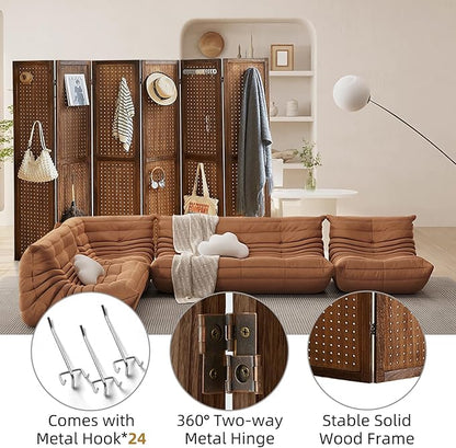 Asnefeli 6 Panel Pegboard Display with 24 Hooks, Wood Room Divider Wall, 5.6Ft Folding Privacy Screen Divider Room, Portable Freestanding Wall Organizer for Bedroom Reading Room(Dark Brown)