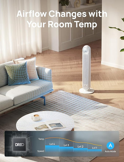 Dreo Tower Fan for Bedroom, 25ft/s Smart Standing Fans, 90° Oscillating Floor Fan with 4 Modes, 4 Speeds, 8H Timer, 28dB, Bladeless, Remote, 28 dB, Works with WiFi Voice Control