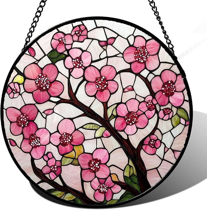 CRISGIF Stained Glass Window Hanging - Cherry Blossoms Birth Flower Suncatcher for Door Garden Patio Sun Catchers Decor Christmas Mother's Day Birthday Gifts for Women Mom Nana Friend Wife 15 in
