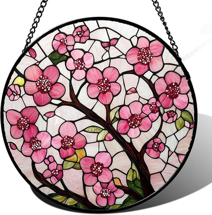 CRISGIF Stained Glass Window Hanging - Cherry Blossoms Birth Flower Suncatcher for Door Garden Patio Sun Catchers Decor Christmas Mother's Day Birthday Gifts for Women Mom Nana Friend Wife 15 in