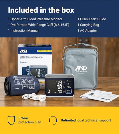 A&D Medical Precision Check Pro Blood Pressure Monitor for Home Use with Bluetooth UA-910BLE - Wide Range Cuff (8.6-16.5" / 22-42cm), 4 Users, iOS & Android Compatible, AC Adapter & Carrying Case