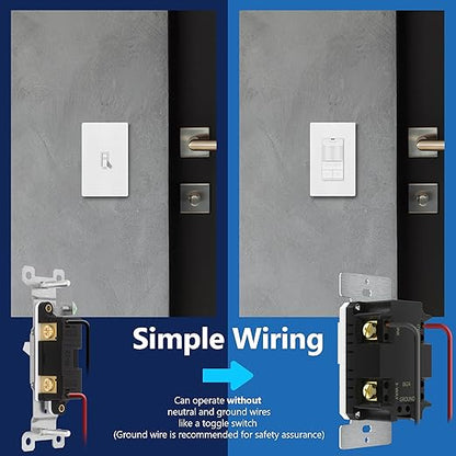 LIDER Motion Sensor Dimmer Switch for Dimmable 200W LED/CFL Lights, 3-Way, 120 V, Modern Upgrade, No Neutral Required, No Ground Required, UL Listed, Wall Plate Included, White, 2 Pack, New Version