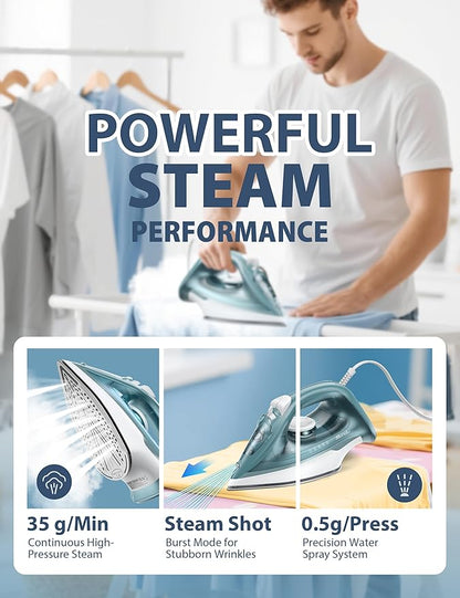 Steam Iron for Clothes - 1500W Iron with Ceramic Coated Soleplate, Rapid Heating, Self-Cleaning, Auto-Off, 11.84oz Water Tank, Precise Thermostat, Home Use Green