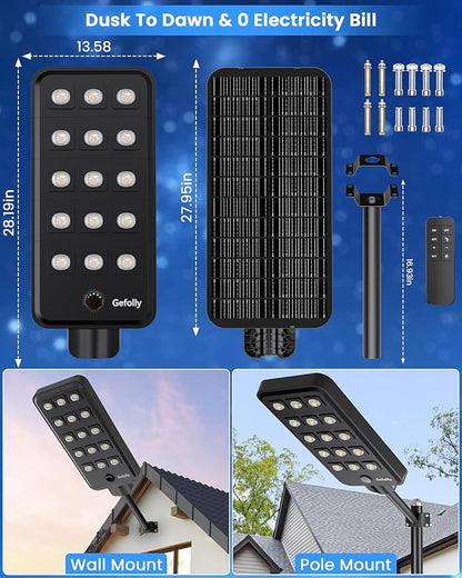 Gefolly G-15000W Solar Street Light Outdoor, Wide Angle Commercial Parking Lot Light Dusk to Dawn 6500K IP67 Flood Security with Motion Sensor Lamp for Yard, Basketball Court