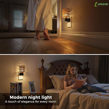 L LOHAS LED Night Lights Plug into Wall, Cylindrical Ironwork Boho Lampshade Decor Night Light, 350° Rotatable Dusk to Dawn Sensor Vintage Nightlight, Dimmable for Bedroom Living Room Hallway