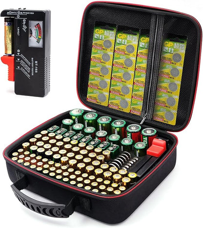 Glamgen Battery case organizer with Tester (BT168), Battery Storage case Holds 126 Batteries Various Sizes AAA AA C D 9V Lithium 3V, Batteries Holder Organizer