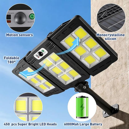 JWT Solar Street Lights Outdoor Waterproof - Solar Powered Parking Lot Light Dusk to Dawn 7000LM, 3-Head Folding Motion Sensor Commercial LED Solar Flood Lights Waterproof Remote Control for Outside