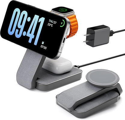 Eazpower 3 in 1 Foldable Wireless Charging Station for MagSafe, Nightstand Magnetic Charger Stand for iPhone 17 16 15 14 Pro Max, Travel Charging Dock with Night Light for Apple Watch/AirPods (Gray)