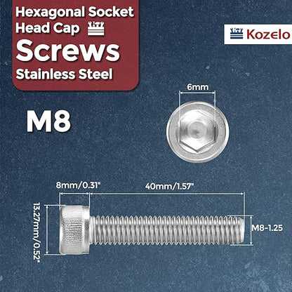 Kozelo 10pcs Socket Head Cap Screws - [M8-1.25 x 40mm] 304 Stainless Steel Allen Socket Drive for Electrical Motor 3D Printing Fan Engine Replacement Use, Silver