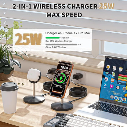Magnetic Wireless Charging Station,25W Fast Charger 6FT Mag safe Wireless Station Pad,[Qi2.2 Certified] 360° Charger Stand for iPhone 17/17 Pro/Air/17 Pro Max/16 Pro Max/15/14/13/12, AirPods Pro 2/3/4