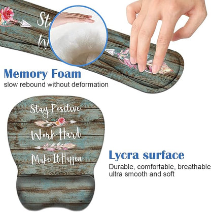 Mouse Pad Wrist Support and Keyboard Wrist Rest Set with Coasters, Inspirational Quote Stay Positive Work Hard and Make It Happen Non-Slip PU Base Ergonomic Mousepad for Home Office Working Studying