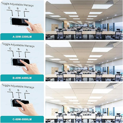 VocgoUU 4 Pack 2x4 LED Flat Panel Light Fixture, Drop Ceiling Office Lights 3000K/4000K/5000K Switchable, 30W/40W/50W Selectable, 0-10V Dimmable, Dustproof, ETL