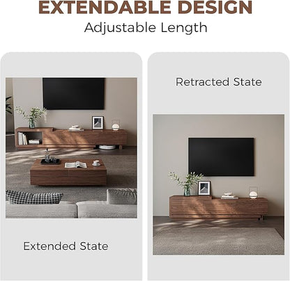 Etelifrank Extendable TV Stand for 65-100 Inches TVs – Walnut Entertainment Console with 3 Drawers & 1 Storage Compartment, Adjustable Length 68.5''-98.4'' (Walnut, 68.5''-98.4'')