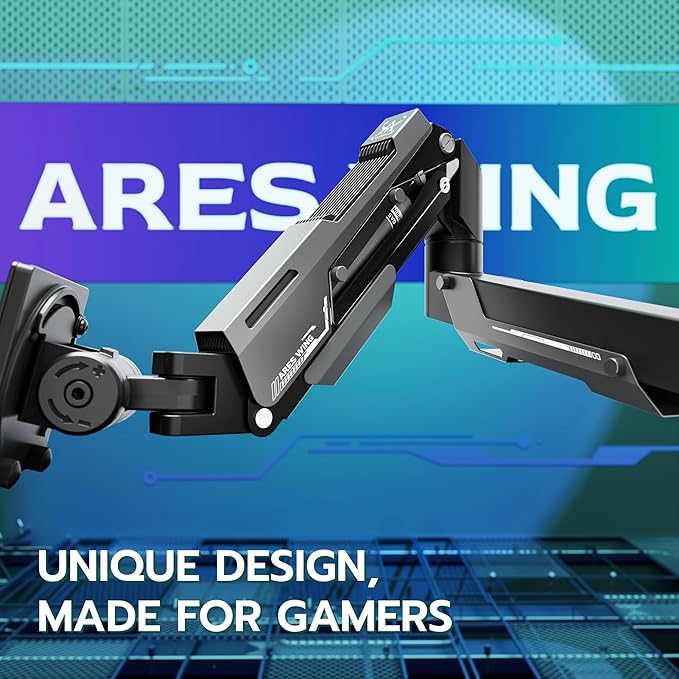 ARES WING Heavy Duty Single Monitor Arm - Gas Spring Aluminum Monitor Mount for 24"-57" Ultrawide Screens up to 66 lbs with Clamp/Grommet Desk Mount, 75/100/200 Vesa Mount, Black