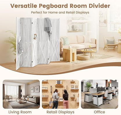 ALeesing 6 Panel Pegboard Room Divider, 5.6Ft Pegboard Display Folding Privacy Screens, Wood Room Divider Peg Board Display Freestanding for Trade Show Craft Show Home Wall Organizer, Retro White