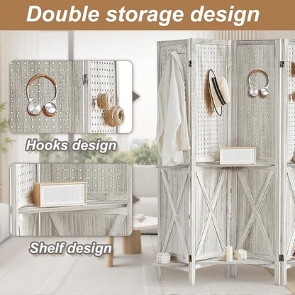 Aleesing 6 Panel Pegboard Display with 24 Hooks, Wooden Pegboard Room Divider Wall with Shelf, Partition Room Dividers and Folding Privacy Screens, Bedroom, Jewelry Store, White