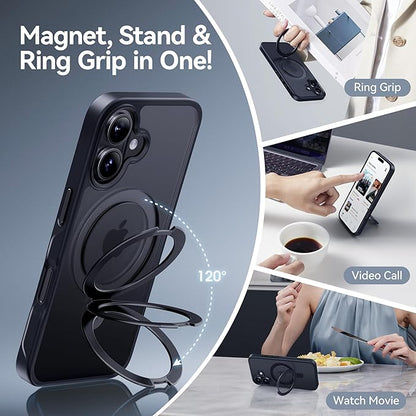 CASEKOO Designed for iPhone 16 Case with Magnetic Invisible Stand [Military Drop Protection] [Compatible with MagSafe] Shockproof Slim Translucent Matte Case 6.1 Inch, Black