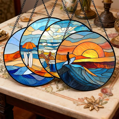 AMDERVEN Stained Glass Window Hanging 4 Pcs Set Blue Ocean Surfing Beach 6.3" - Suncatcher Door Garden Sun Catcher Decor Birthday Mother's Day for Firefighte Men Woman Nana Mom