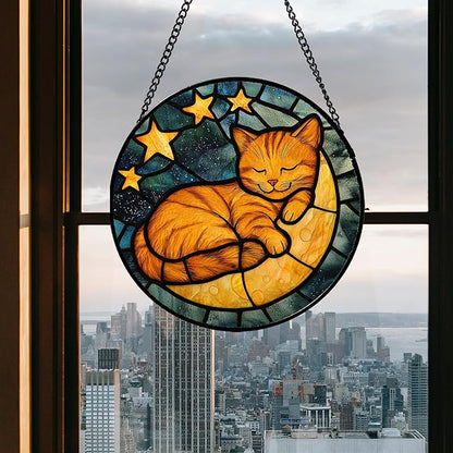 AMDERVEN Stained Glass Window Hanging - Orange Cat Sun Catcher for Door Home Decor Stars and Moon Suncatcher Christmas Mother's Day Birthday Loss of a Pet Gifts for Women Men Mom Nana 11.8 in