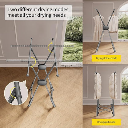 BIREN Clothes Drying Rack Heavy Duty Clothing Racks Foldable Laundry Rack Two Drying Modes Garment Racks for Drying Clothes, Adjustable Length from 32-55 Inches for Indoor Outdoor Use