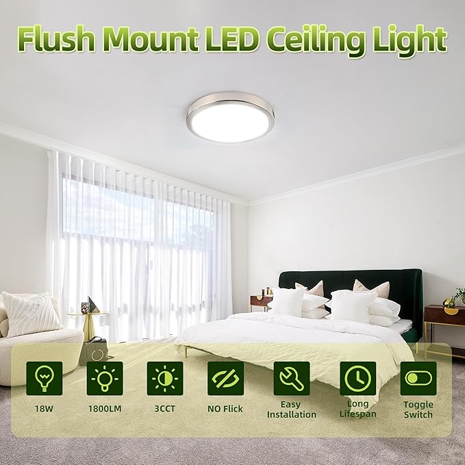 hykolity 9 Inch Selectable CCT LED Round Flat Panel Light, 18W 1800LM 3000K/4000K/5000K, Edge-Lit Flush Mount Ceiling Light Fixture for Kitchen, Bedroom, Laundry and Closet Room, Brush Nickel