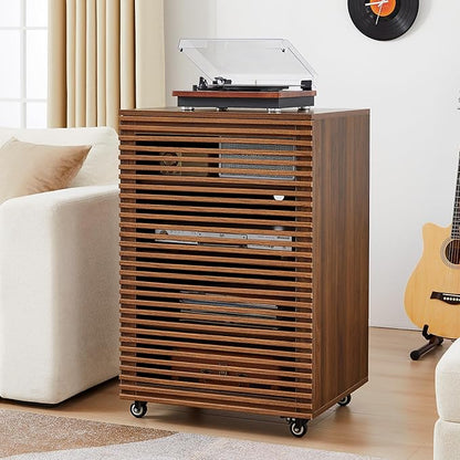 LEVNARY 5-Tier AV Media Cabinet with Grille Door & Adjustable Shelves, Modern Wooden Stereo Rack with Cable Management & Wheels, Audio Video Stand for Living Gaming Room Recording Studio (Walnut)